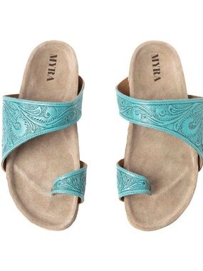 Myra Bag Turquoise Tooled Leather Slide Sandals